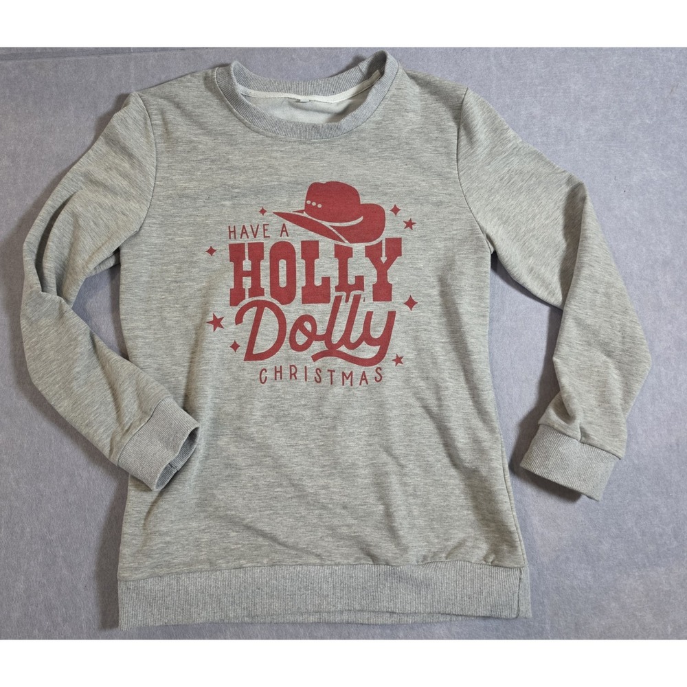DOLLY PARTON HAVE A HOLLY DOLLY CHRISTMAS Gray Crew Neck Sweatshirt Size Small
